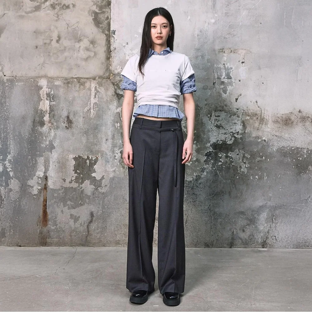 Belted Semi Wide Slacks Pants Ash Stripe (KE6221M024)