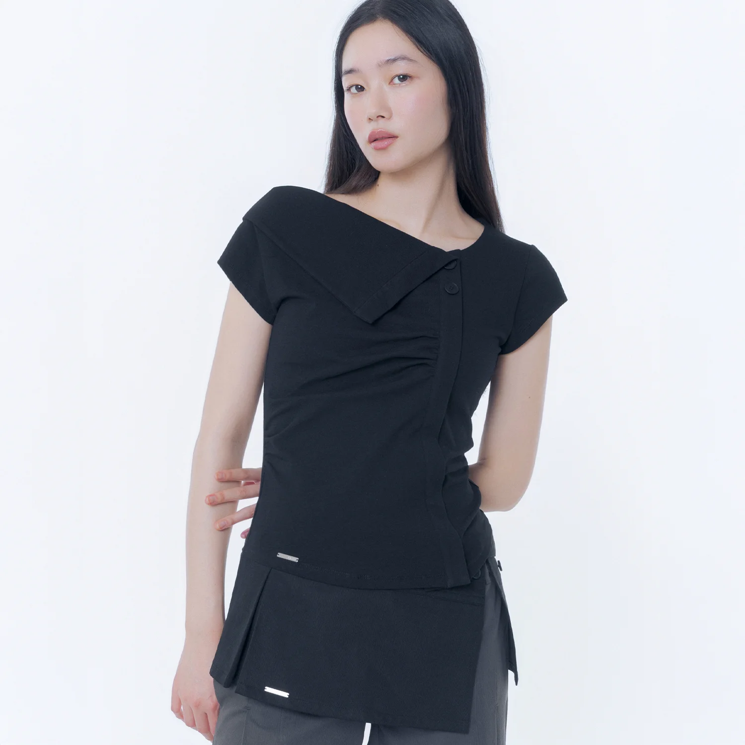 Folding collar shirring top BLACK
