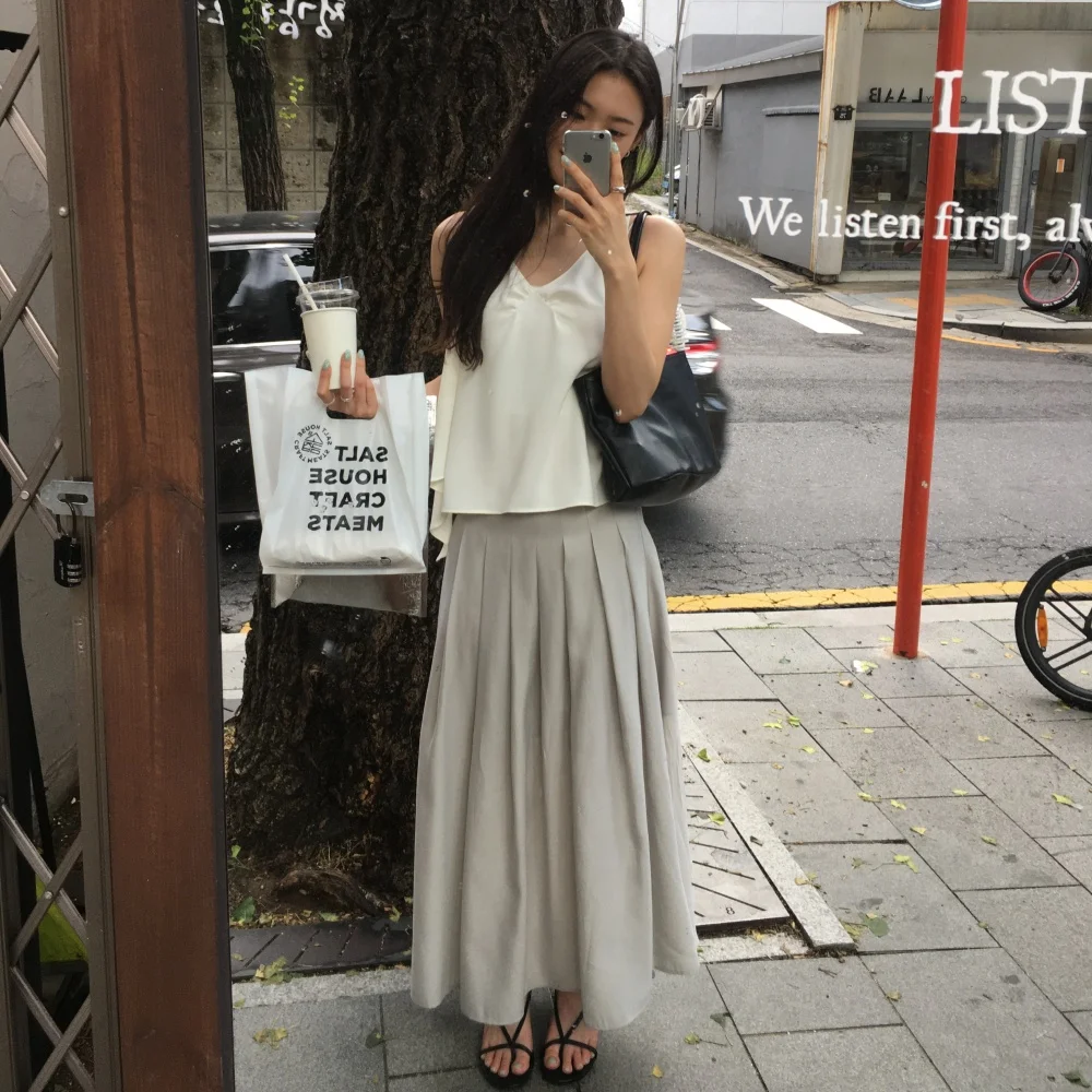 CORN PLEATS LONG SKIRT_ASH GREY