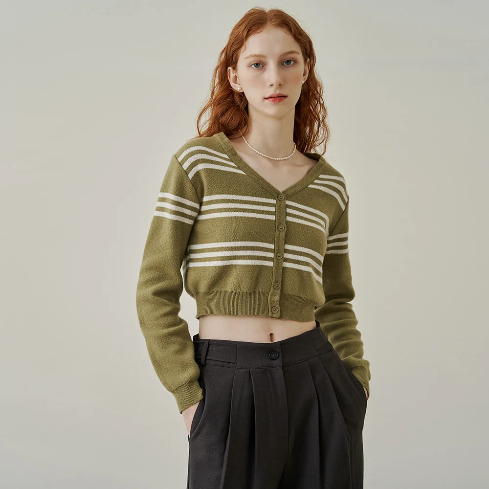 Tod stripe v neck crop cardigan - khaki