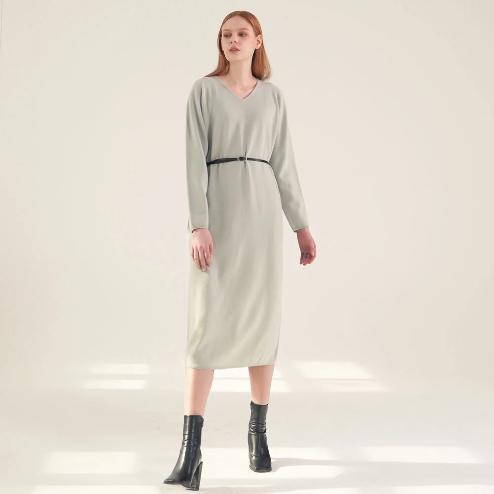 V neck Knit Long Dress_Mt.Green