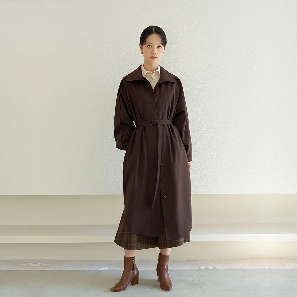 loose-fit belted trench dress_Dark Brown