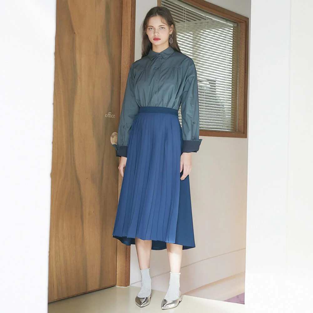 20SS 1ST PLEATS UNBALANCE SKIRT NAVY