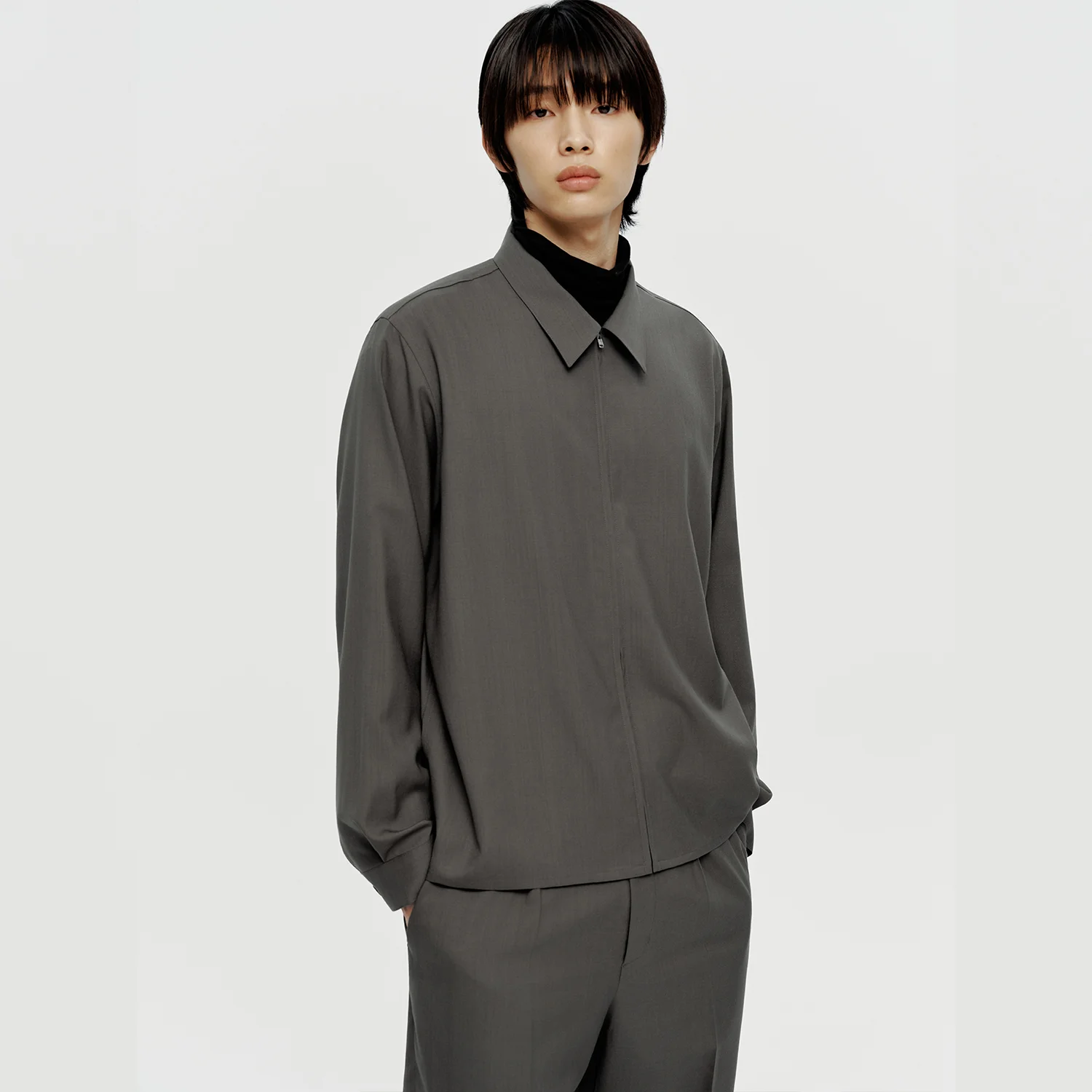 Fine Wool Zipped Shirt - Khaki Grey