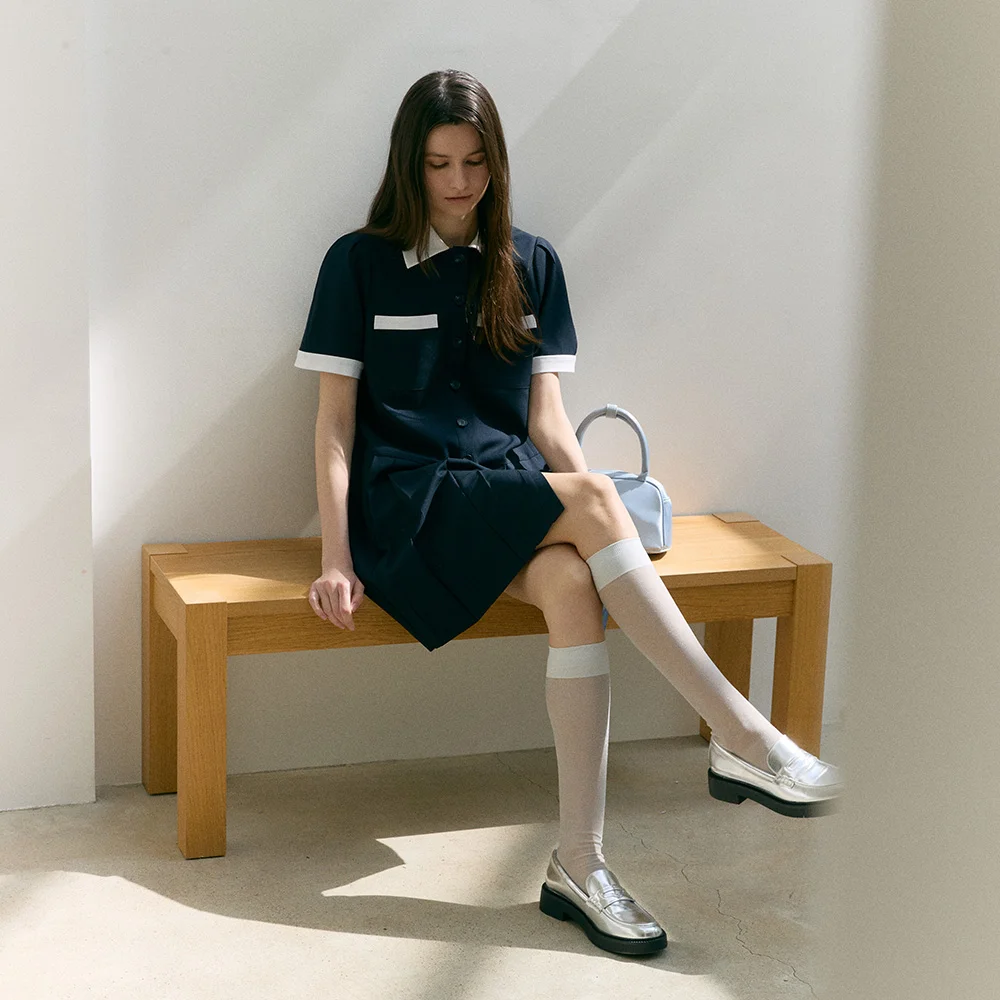 COLLAR COMBI MIDI DRESS (dark navy)