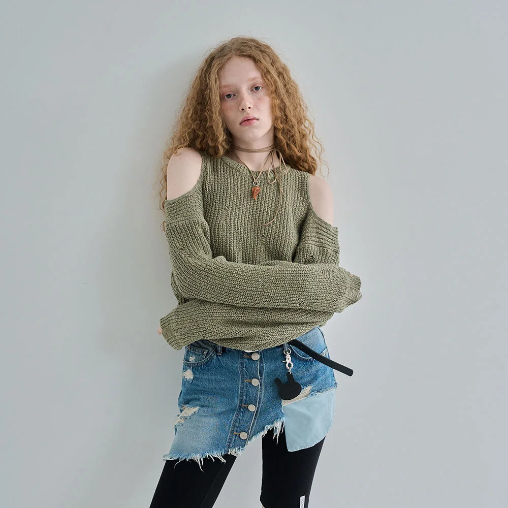 Open Shoulder Cotton knit / Khaki