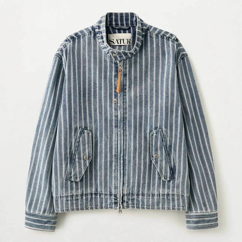 條紋 牛仔 Harrington 外套 藍色