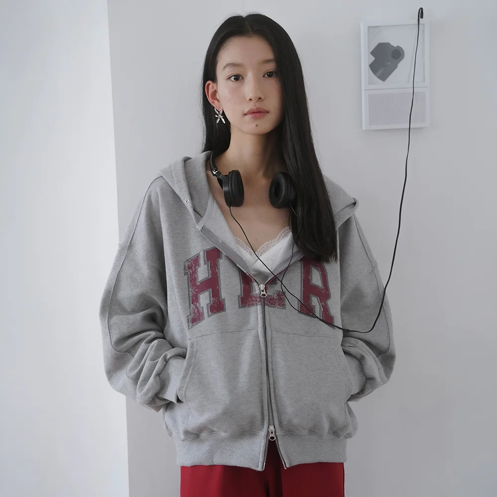 HER 超大版型 連帽拉鍊外套_灰色