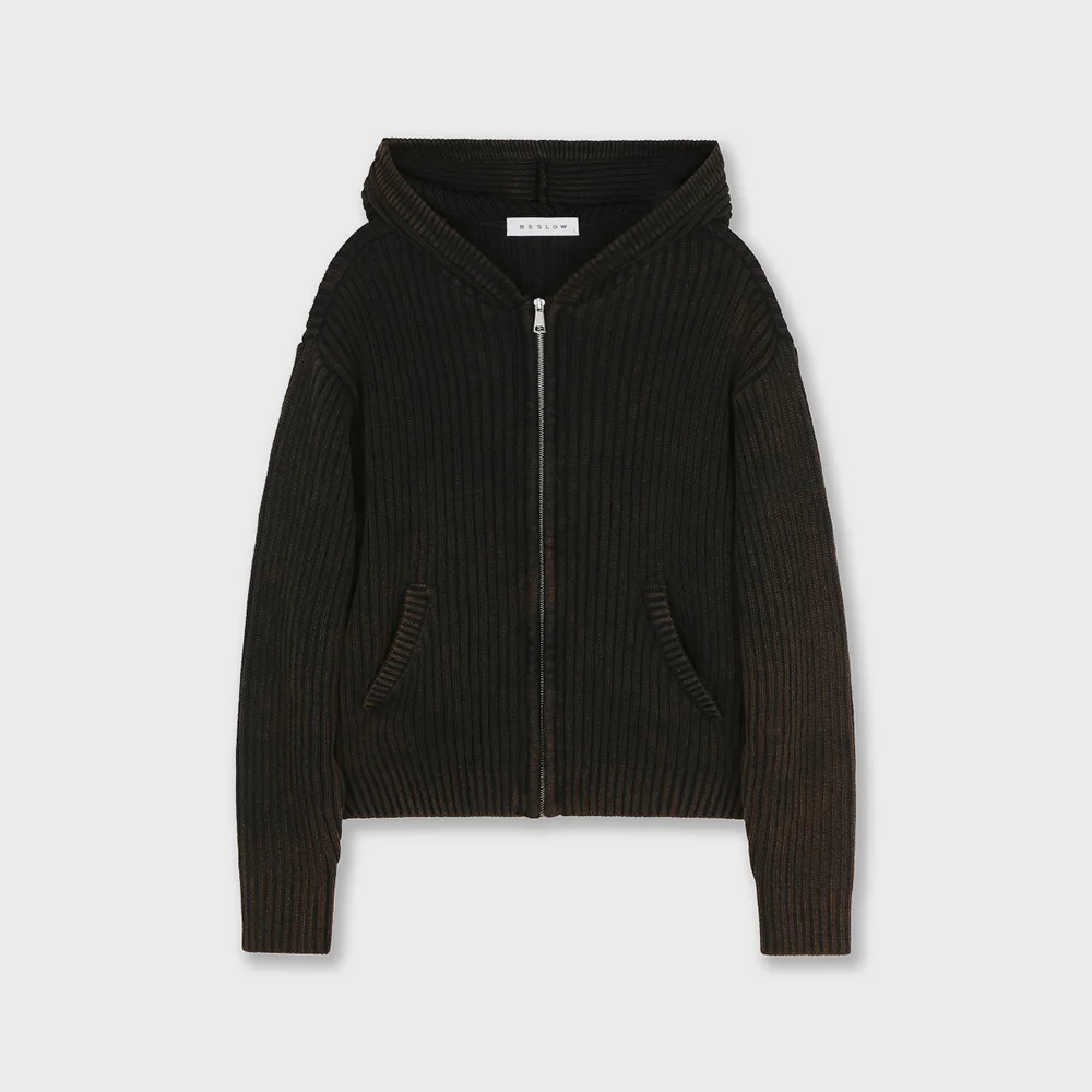 OVERSIZED HOOD KNIT ZIP UP BLACK BROWN