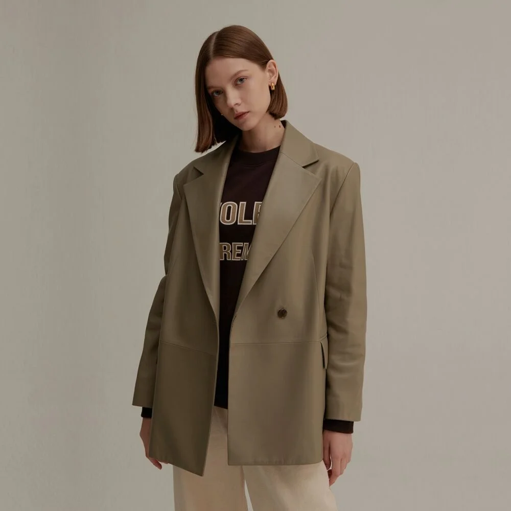 LAMBSKIN OVERFIT SINGLE BUTTON JACKET KHAKI BEIGE