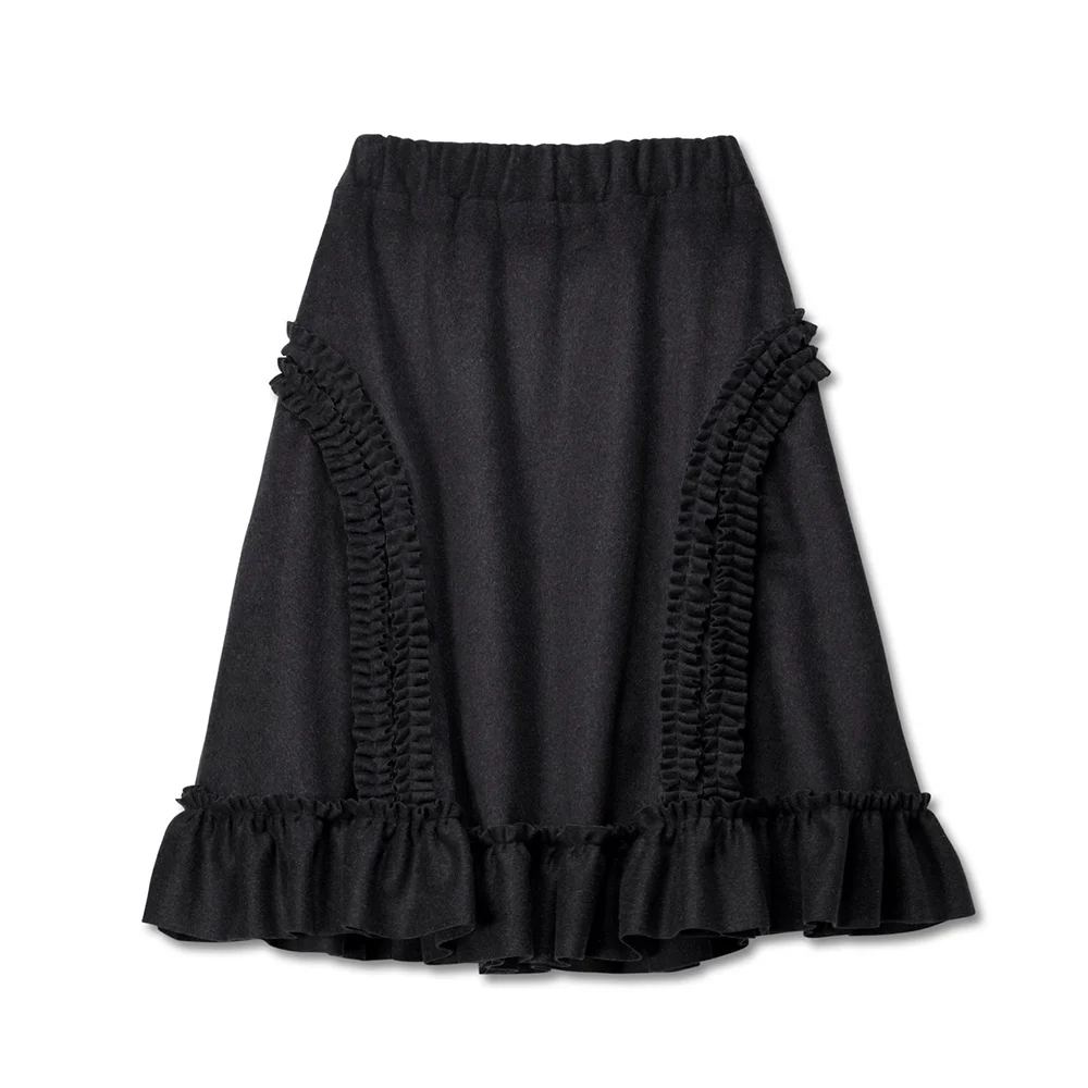 RUFFLE WOOL SKIRT - BLACK