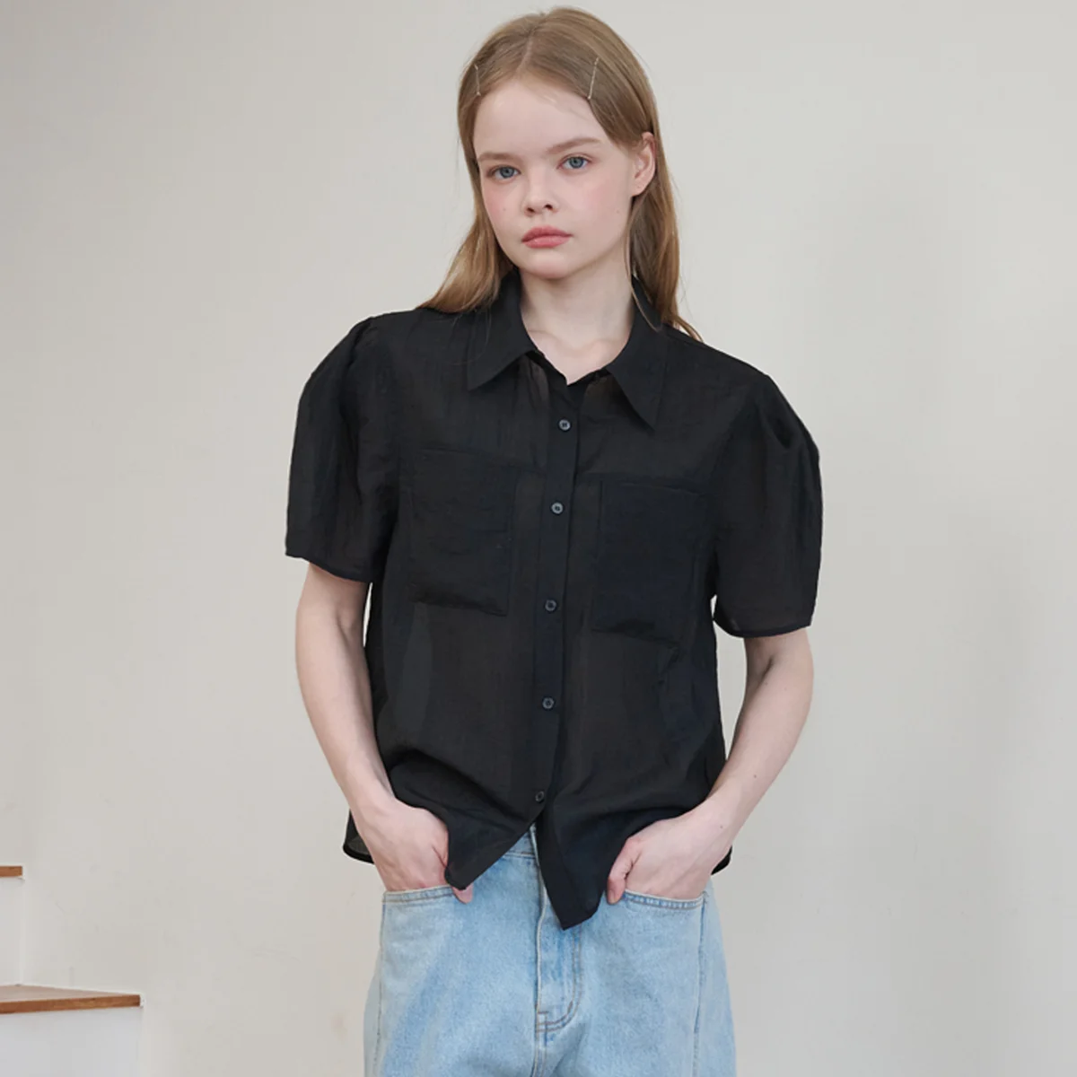 Organza Puff Sleeve Pocket Blouse_Black