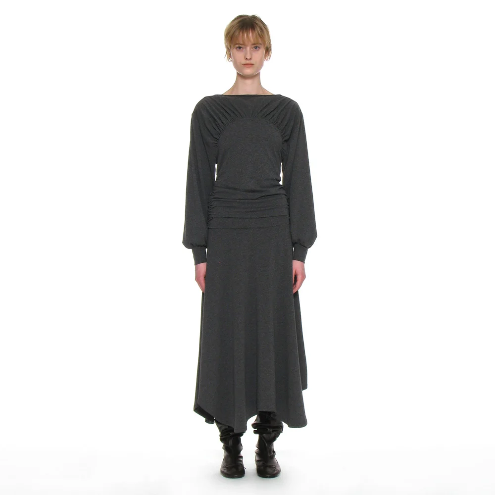 SHIRRING JERSEY UNBALANCED DRESS_CHARCOAL MELANGE
