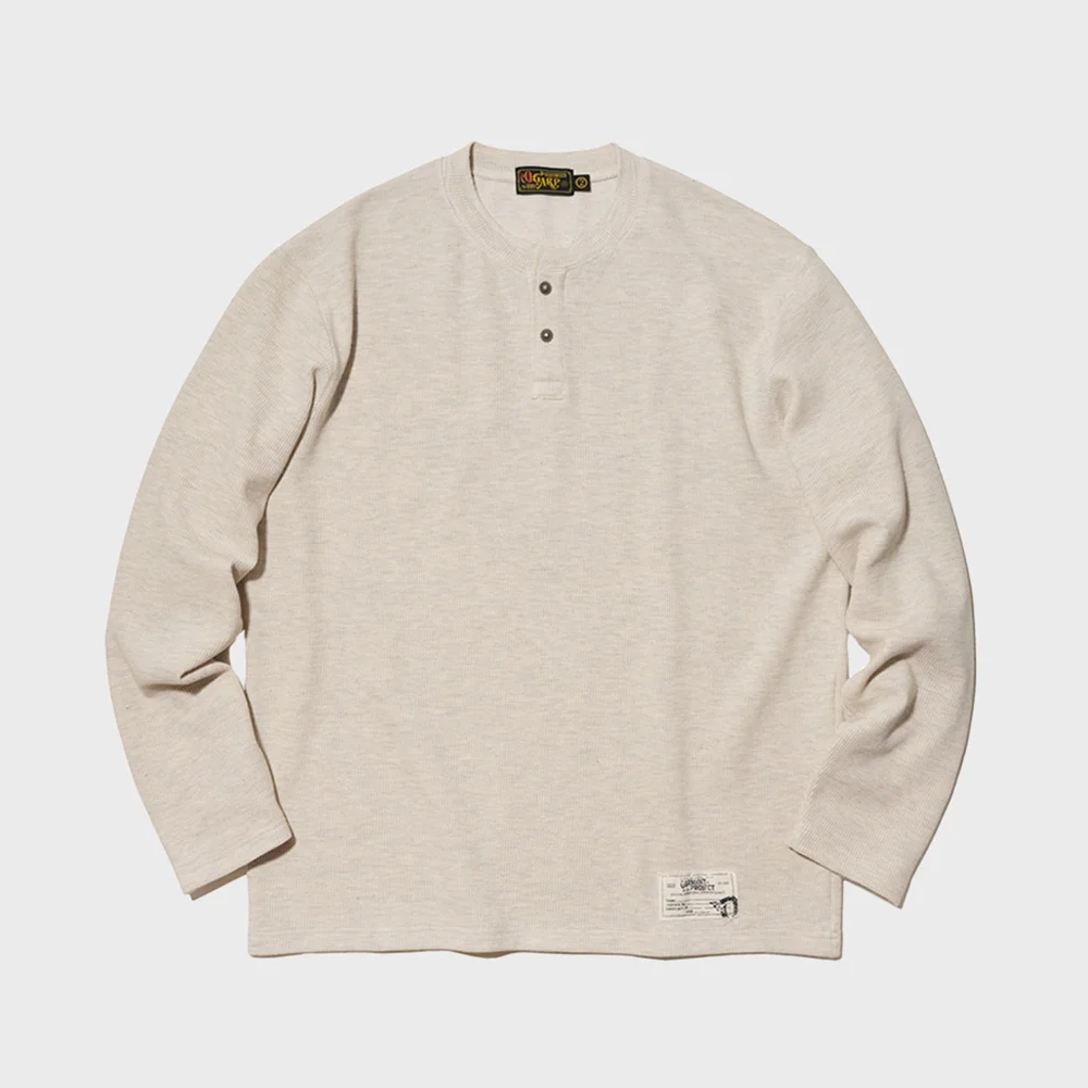 Waffle Henley Neck Long Sleeve Oatmeal