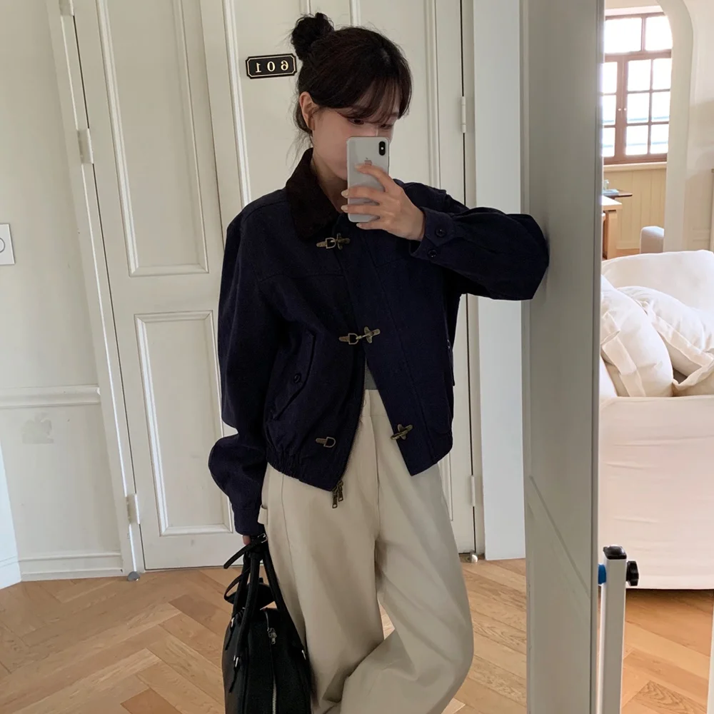 素面 扣環 外套_Navy