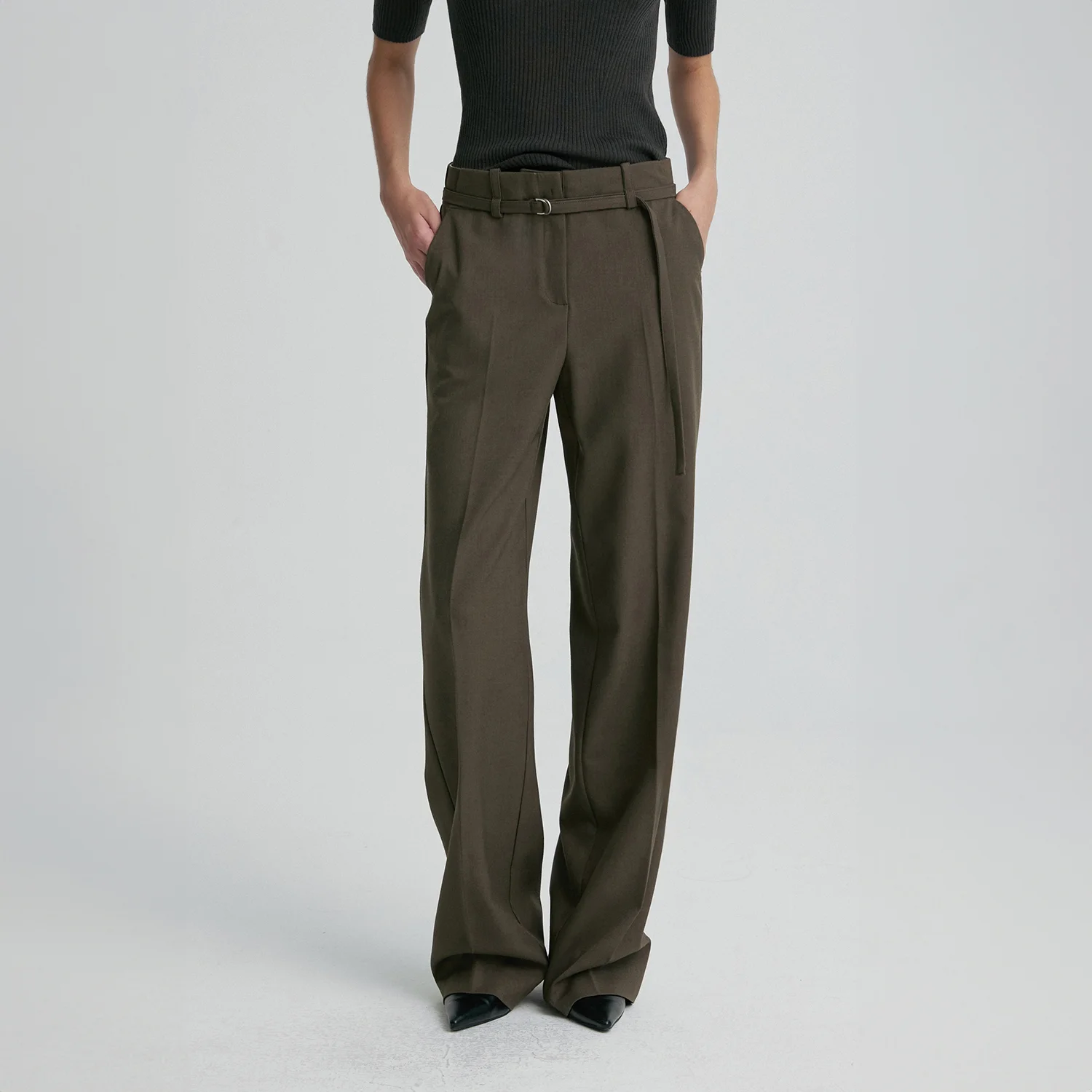 WOOL BLEND BELTED TROUSERS KHAKI BROWN