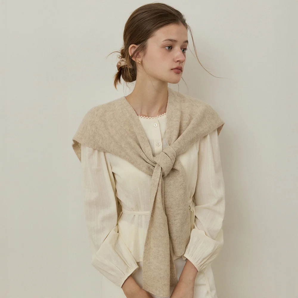Essential leather label wool knit shawl - 5color