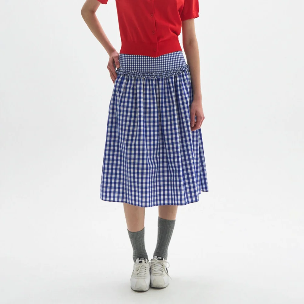 M.C Gingham Check Ruffle Full Skirt / BLUE