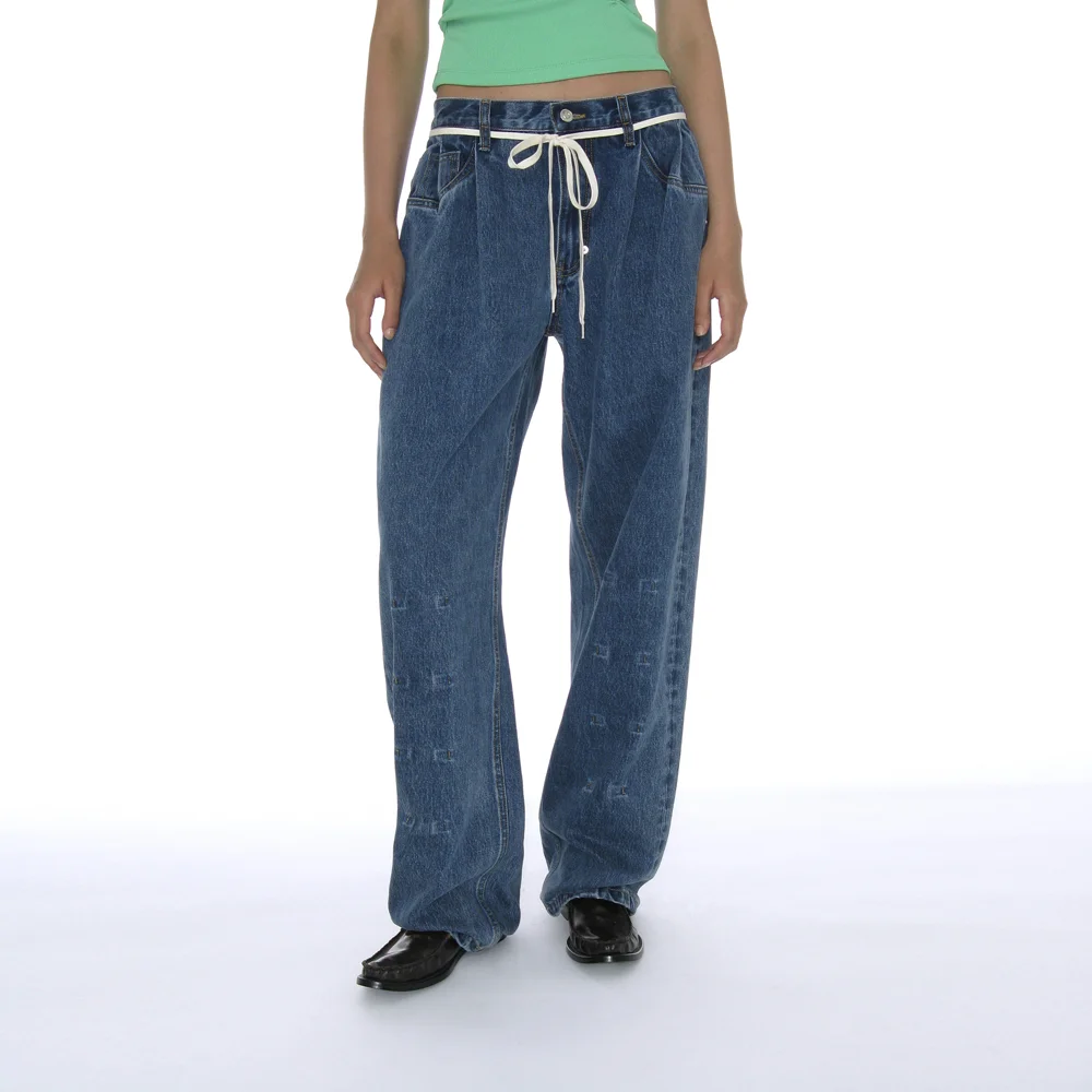 DRAWSTRING REWORKED PLEATS BAGGY JEANS_DARK BLUE