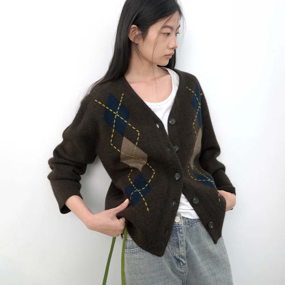 (CD-2281)ARGYLE WOOL STITCH POINT CARDIGAN