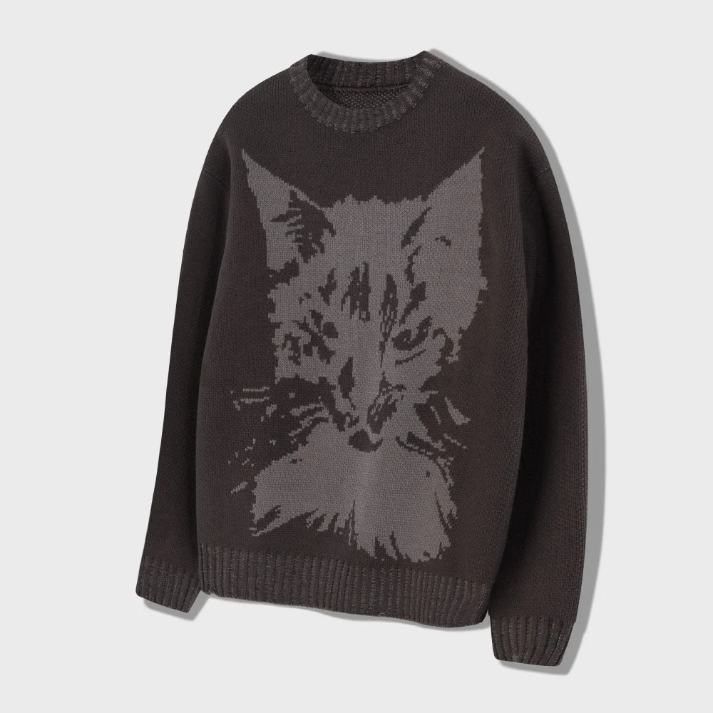 Cat Graphic Distressed Knit (Charcoal)