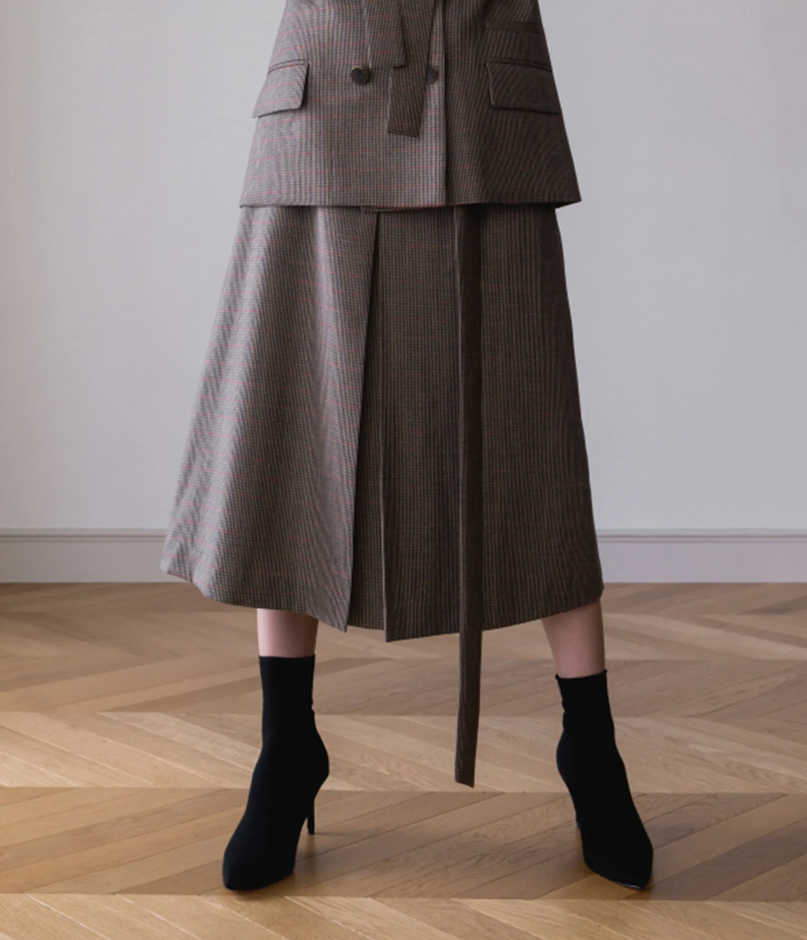 Check Strap A Line Wool Skirt (Beige)