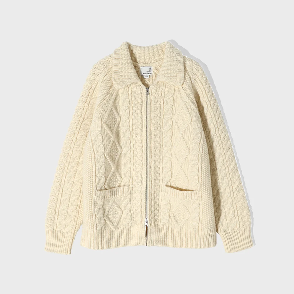 Aran Zip Up Knit Cardigan Ecru