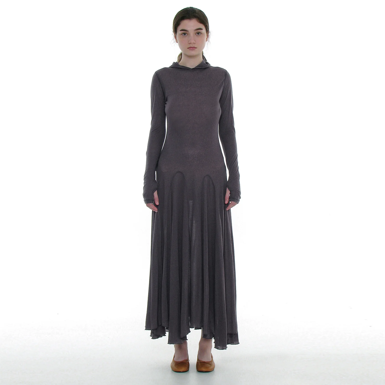 SHEER LAYERED HOODIE FLARE DRESS_CHARCOAL