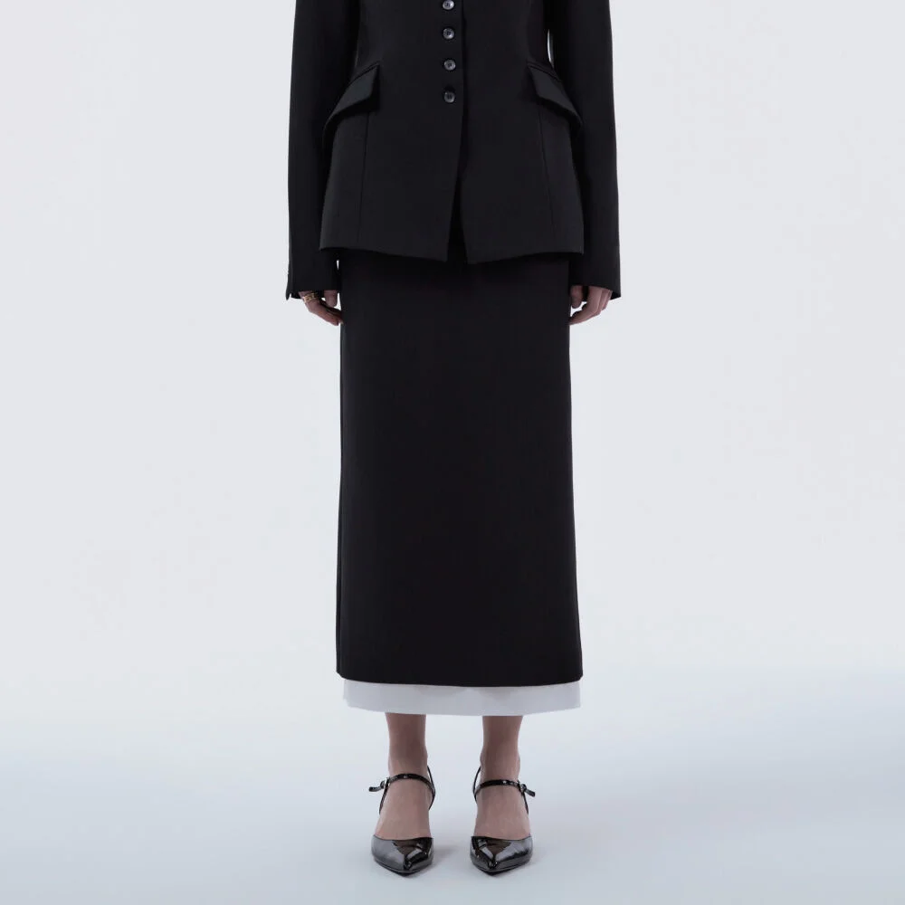 Contrast Layered Slim Line Long Skirt - Black