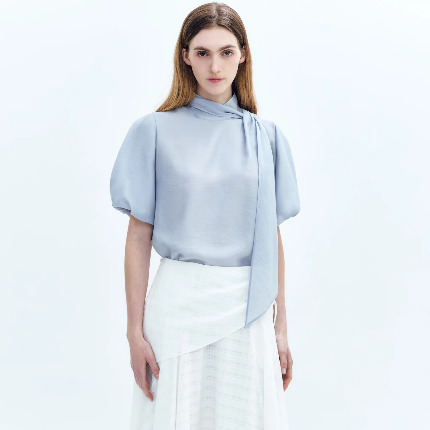 Scarf-neck Volumed-short-SLV Blouse BLUE