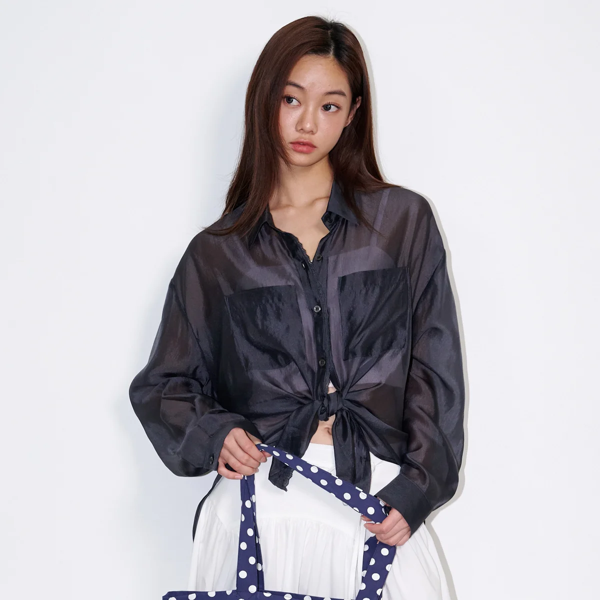 See-through lace silky shirt Charcoal