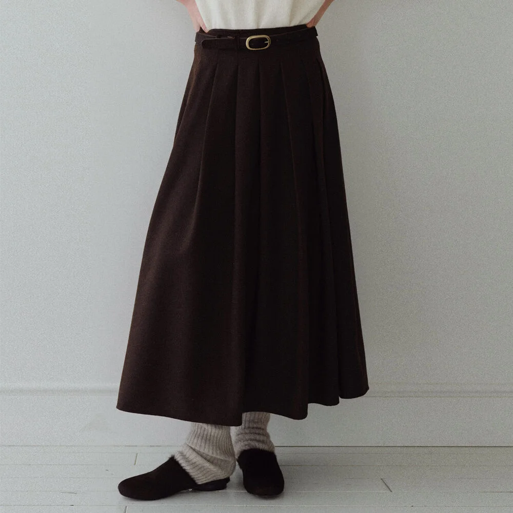 WOOL FLANNEL PLEATS SKIRT_BROWN