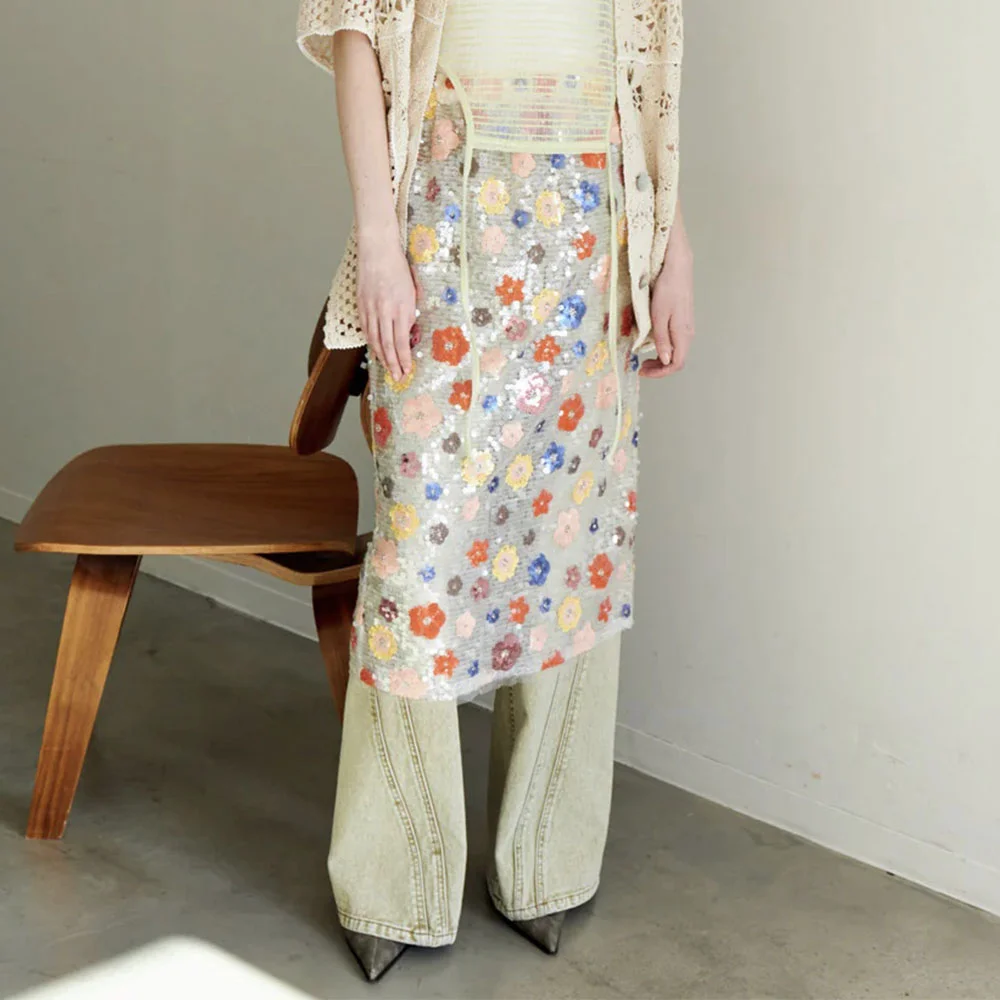 (W) COLORFUL FLOWER SEQUIN SKIRT (MULTI)