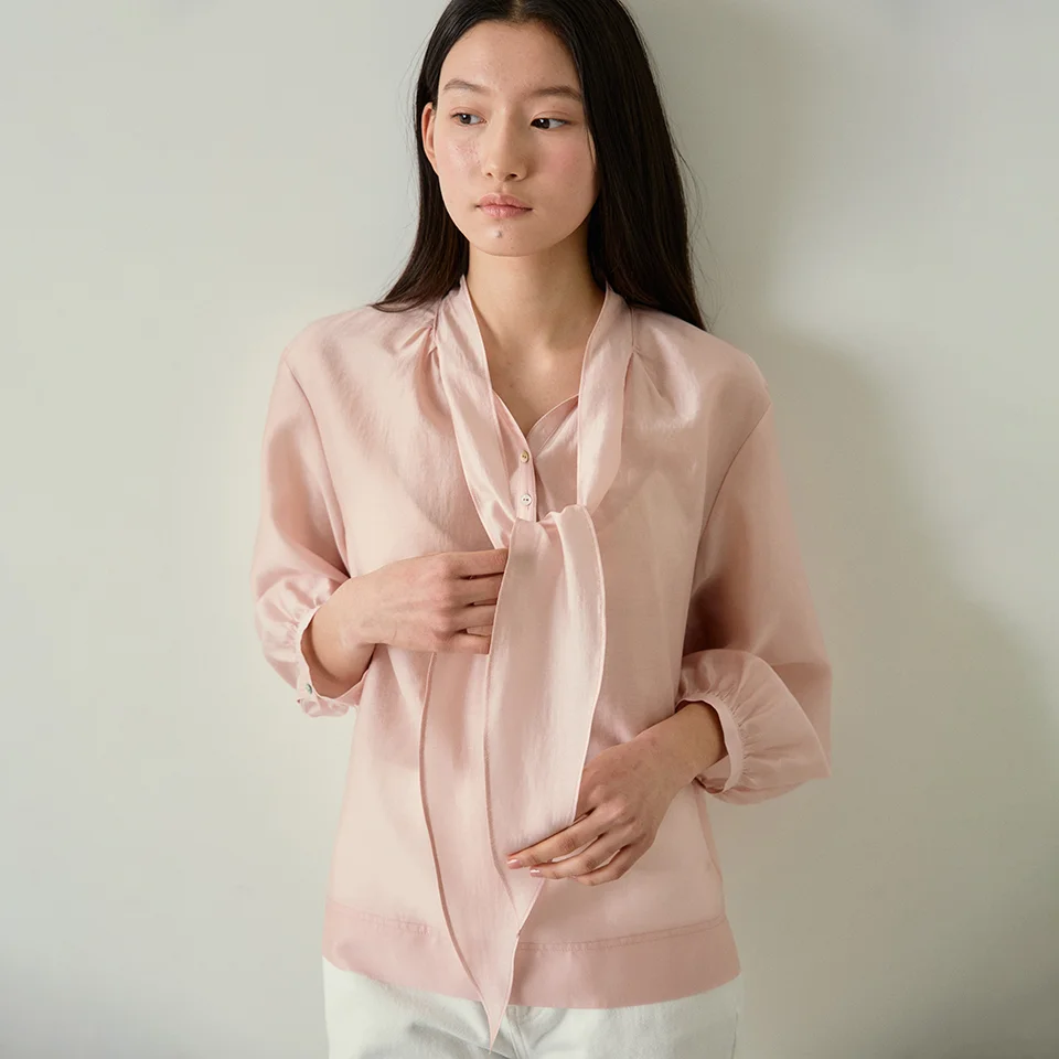 tencel button tie blouse (light pink)