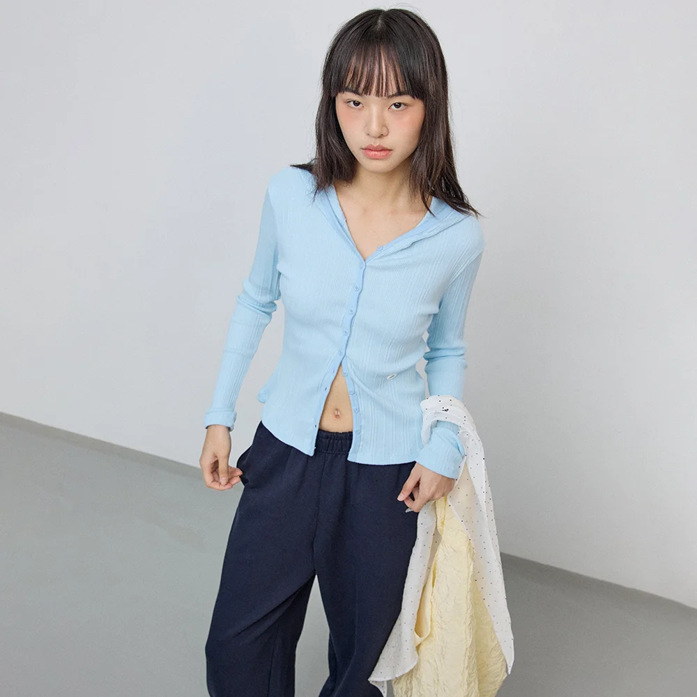 Hooded ribbed cardigan_sky blue