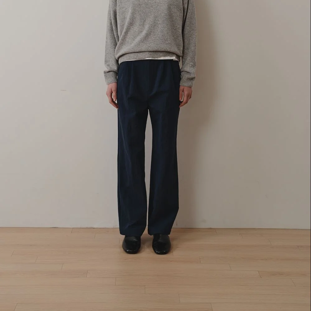 Double Pleat Cotton Pants (Navy)