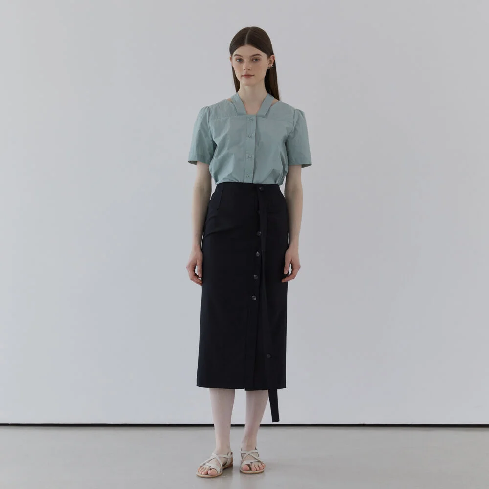 BELT POINT SUMMER WOOL SKIRT - BLACK