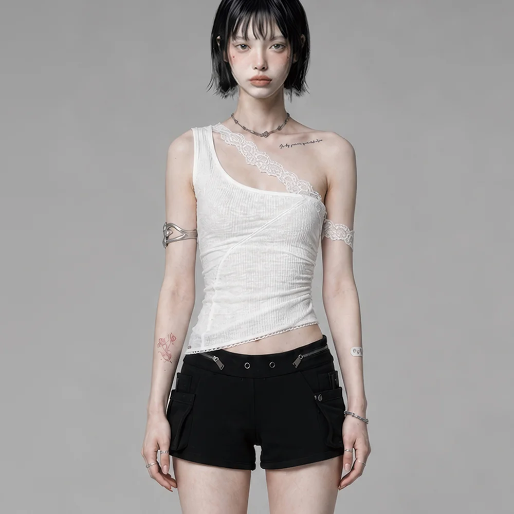 Lace One-Shoulder Shirring Top (White)