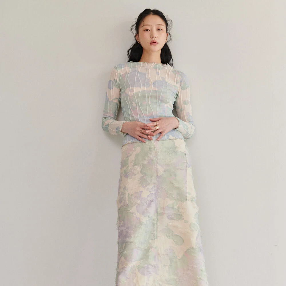 Stain-graphed long fur skirt - Purple Green