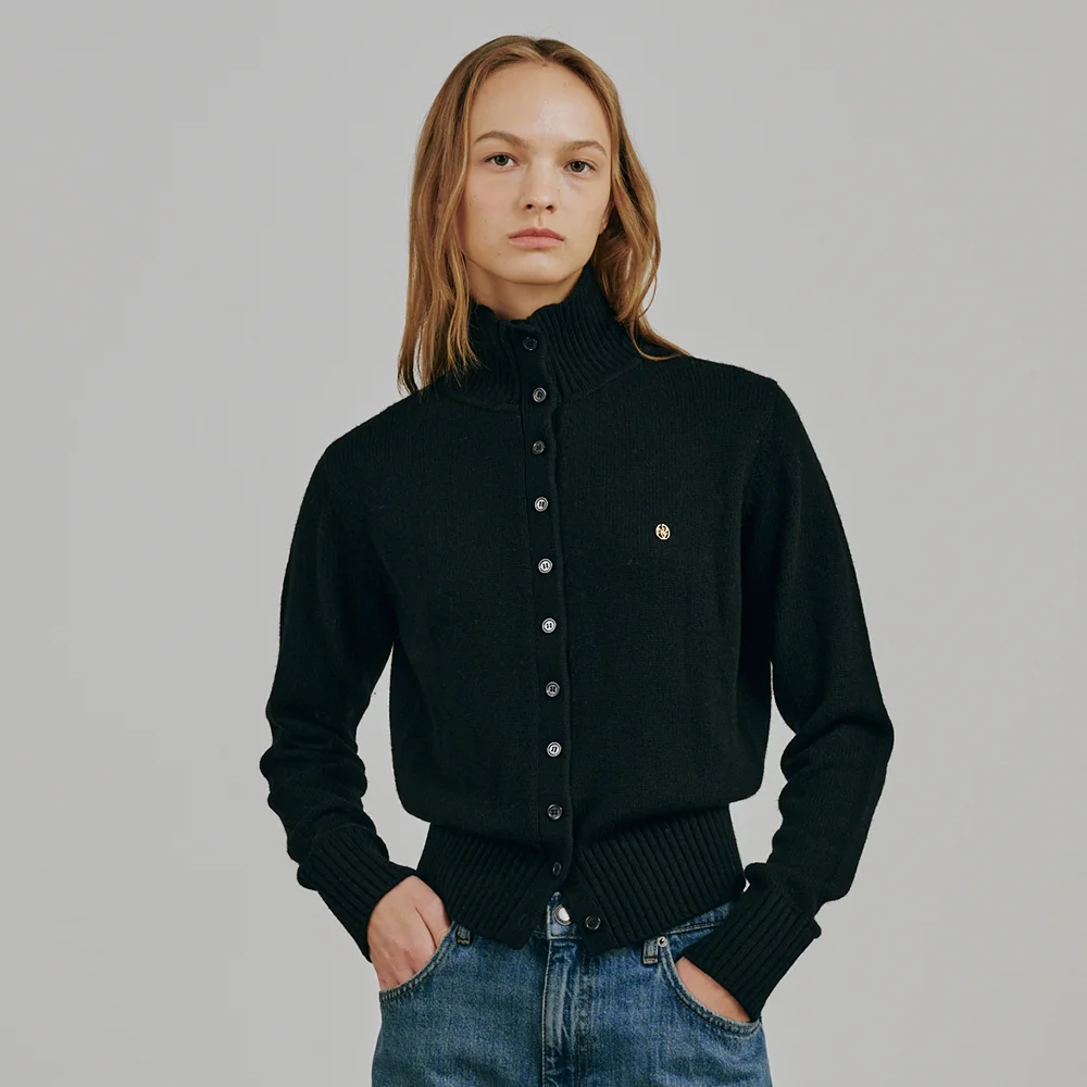 高領 羊毛 開襟外套 - 黑色 / Turtleneck Wool Cardigan - Black
