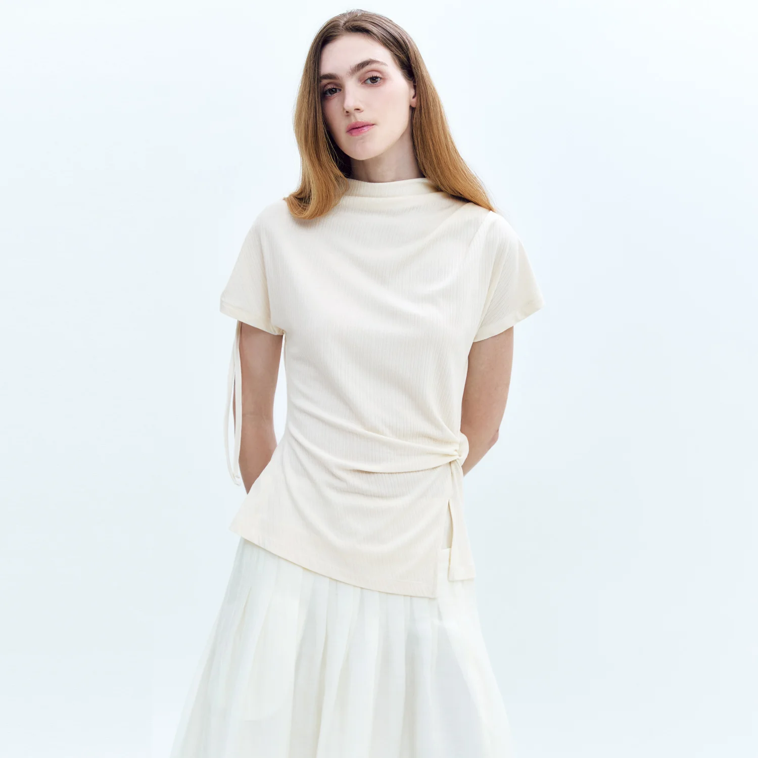 Twisted Waist Tuck Mock-neck Jersey Top CREAM