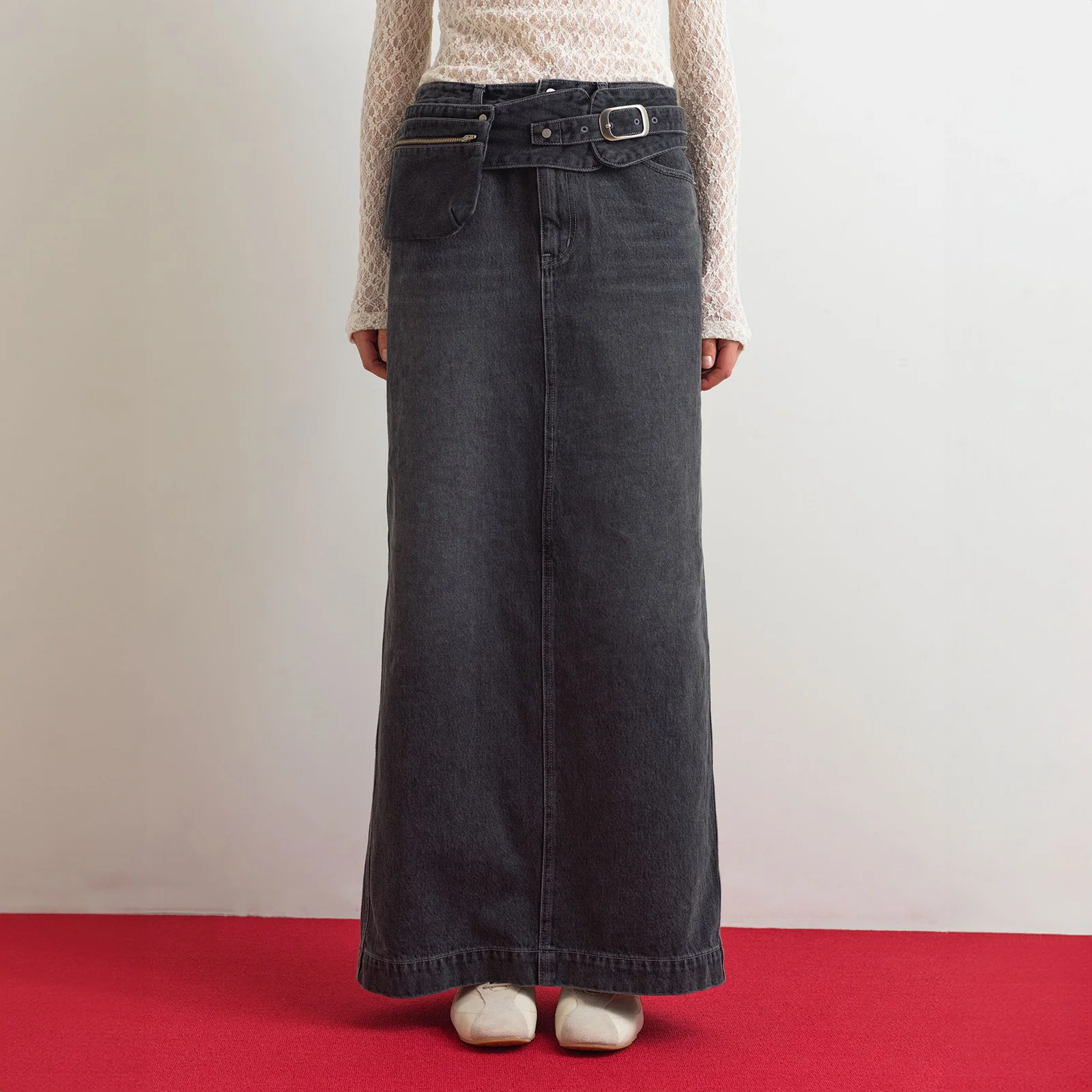 DENIM LONG SKIRT - GRAY