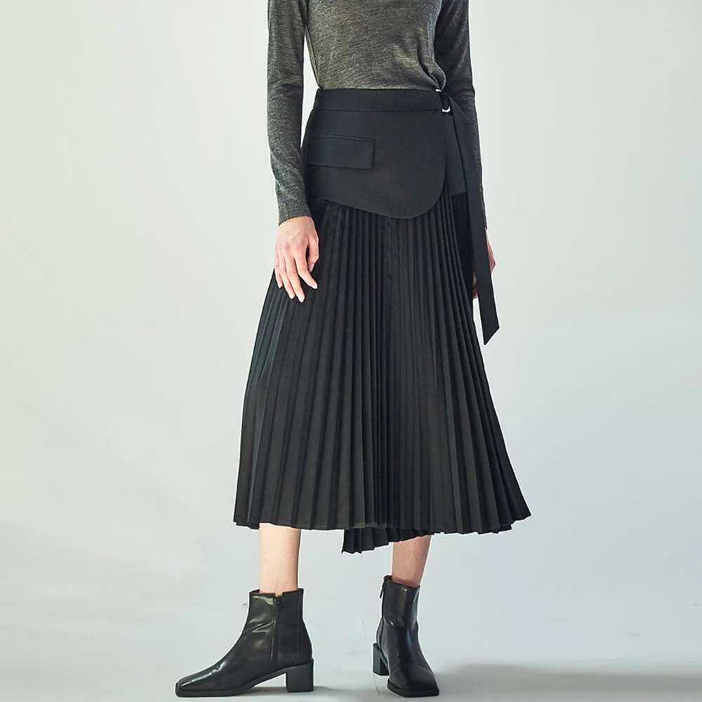 BLAZER POCKET PLEATED WRAP SKIRT_BLACK