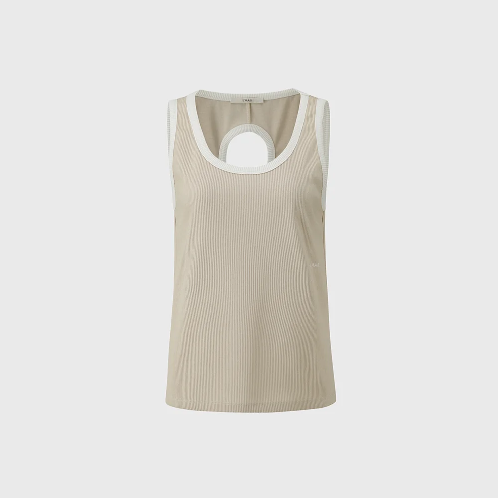 COLORATIN BACK HOLE RIBBED TOP_BEIGE