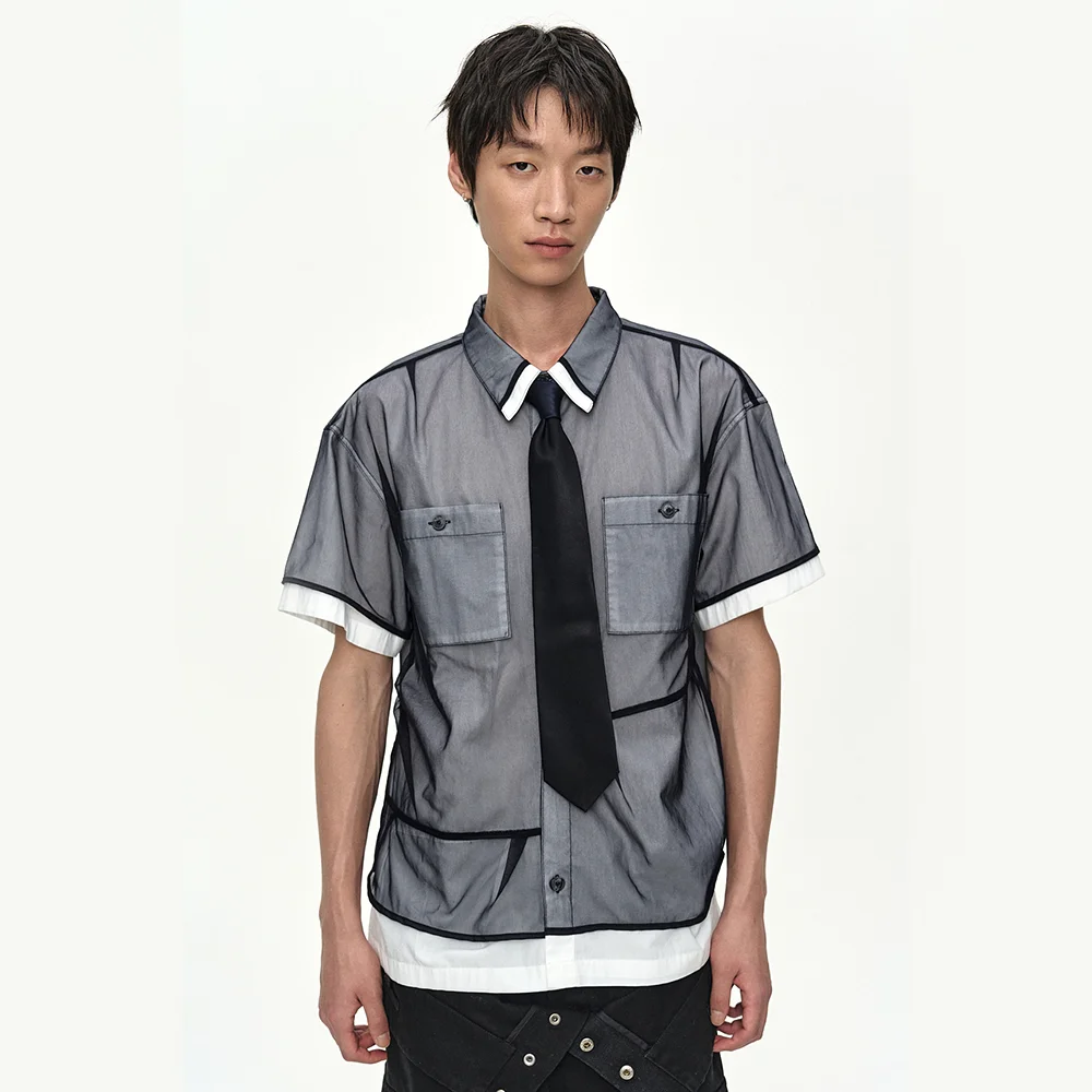 WHITE SHEER LAYERED SHIRT atb1537m(WHITE/NAVY)