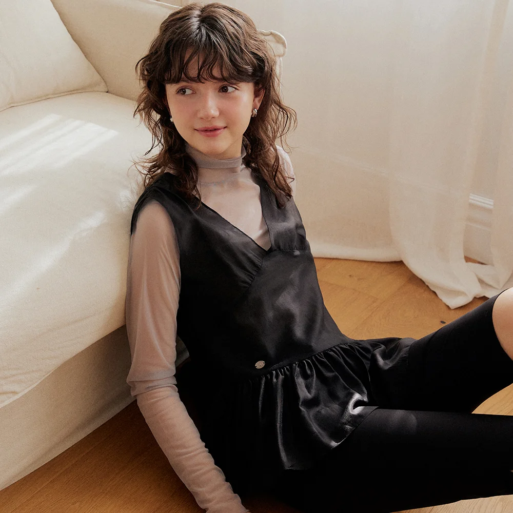 Shirring line layered chiffon bustier - black