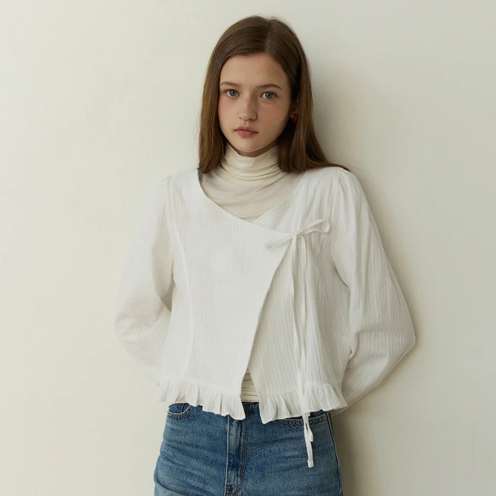 Frill wrap ribbon jacquard blouse - white