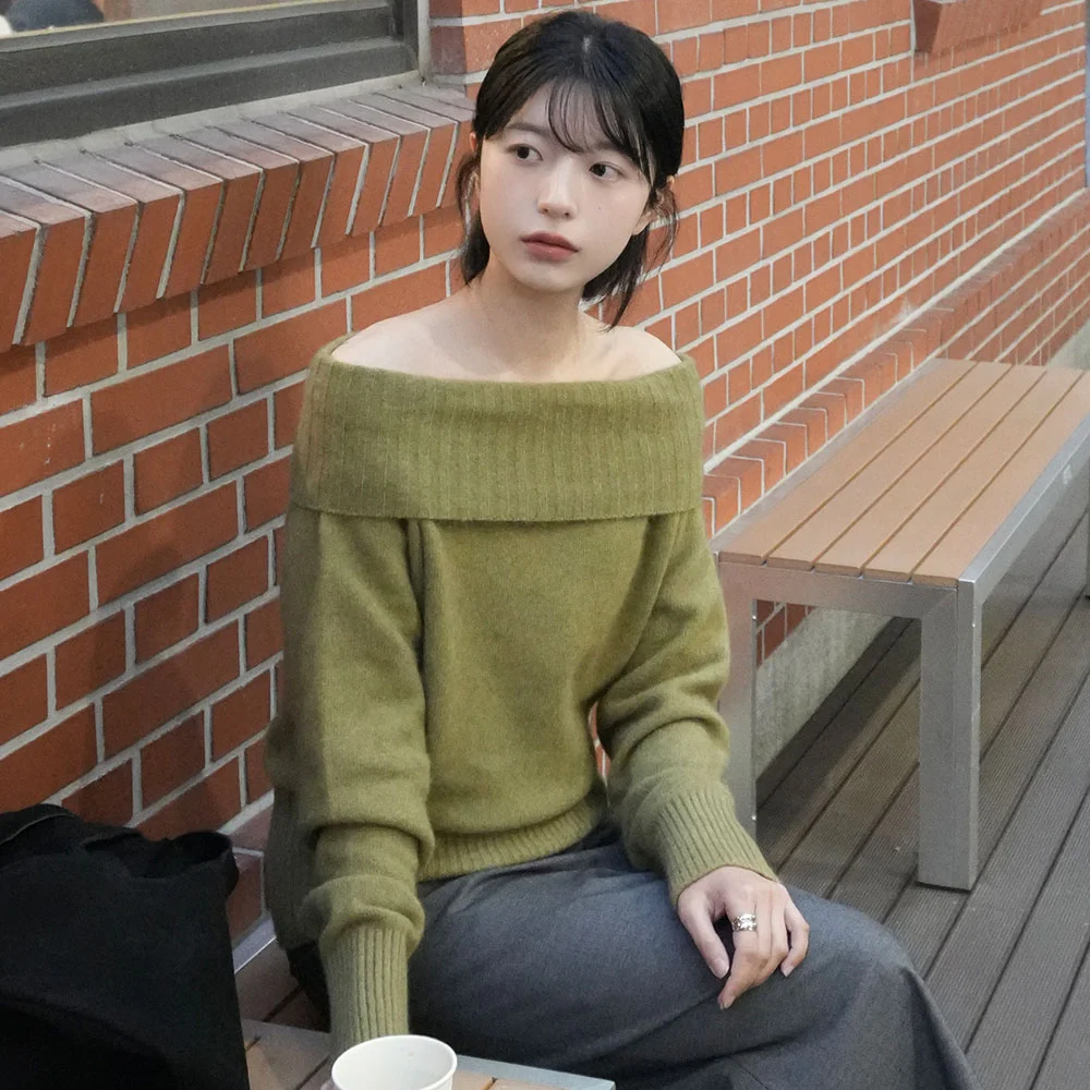 Off Shoulder Raccoon Knit(Olive)