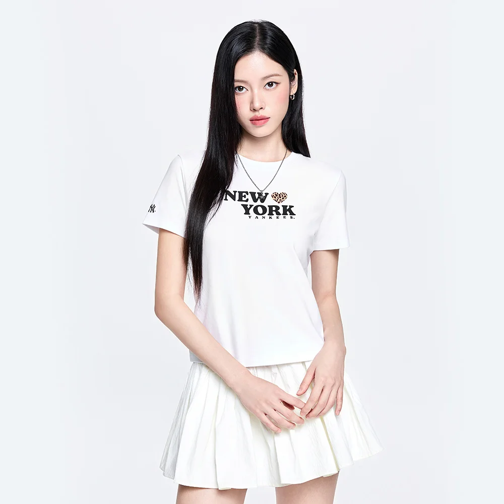 女裝 豹紋 心形 字母印花 修身 半 短版 短袖 T恤 NY (White)