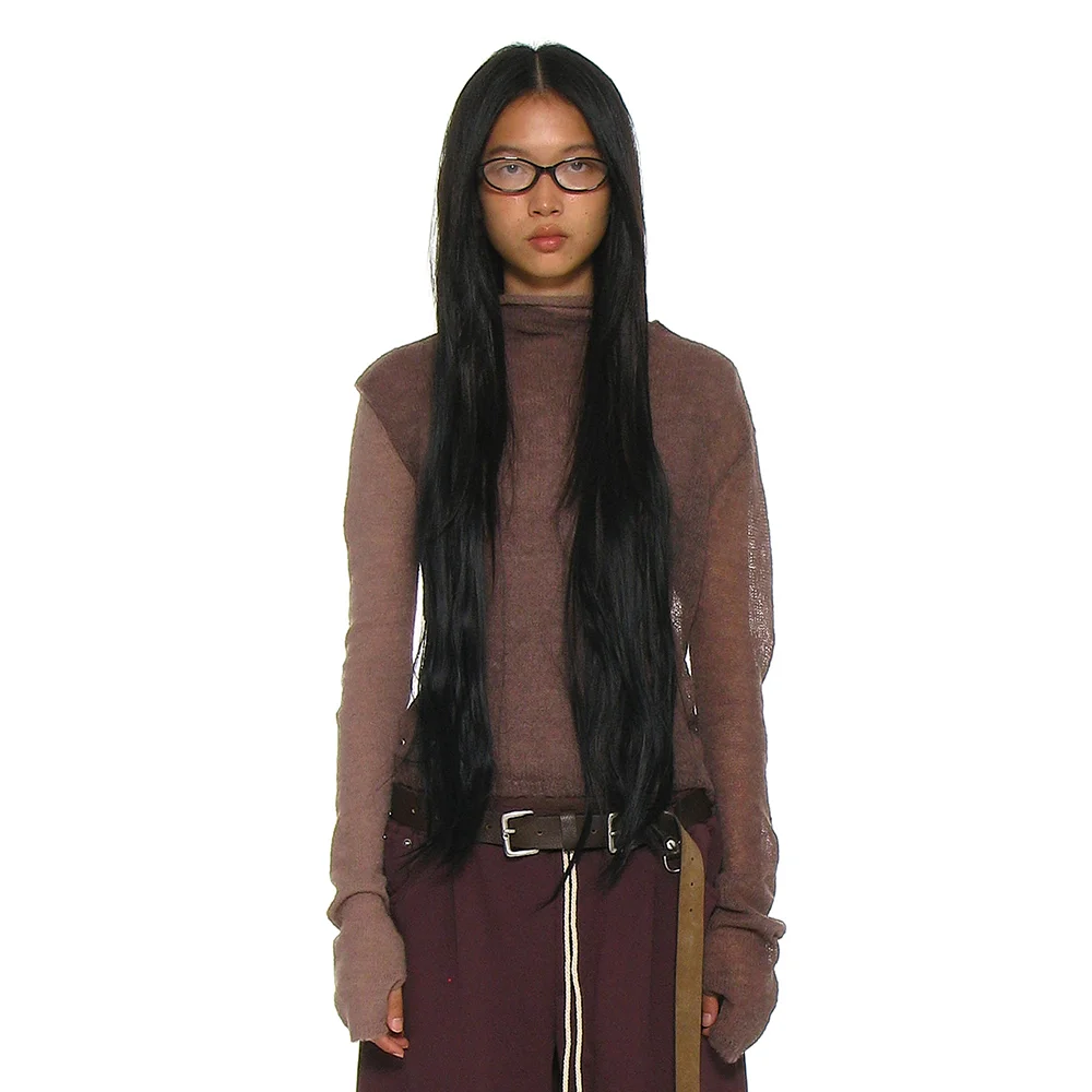 DOUBLE LAYERED MOCK NECK KNIT TOP_MOCHA
